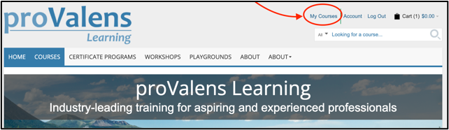 Screenshot of the proValens Learning website navigation header with the "My Courses" link highlighted