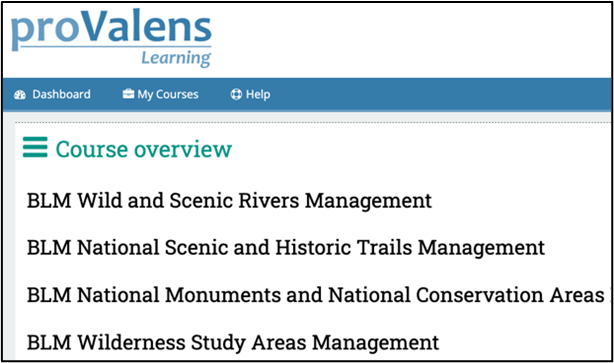 Screenshot of a "Course Overview" screen in proValens Learning