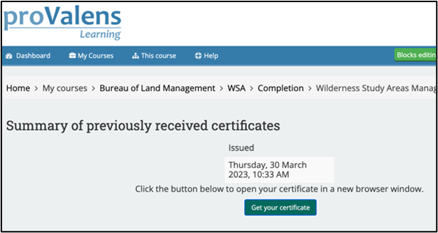 Screenshot of a "Summary of previousy received certificates" screen in proValens Learning
