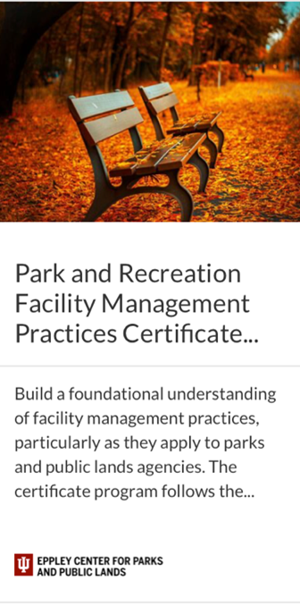 Screenshot of the catalog listing for the Park and Recreation Facility Management Practices Certificate Program